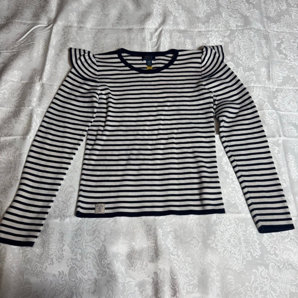 Girls Polo Ralph Lauren Sweater XL 16 White Navy Blue Striped Ruffle Shoulder